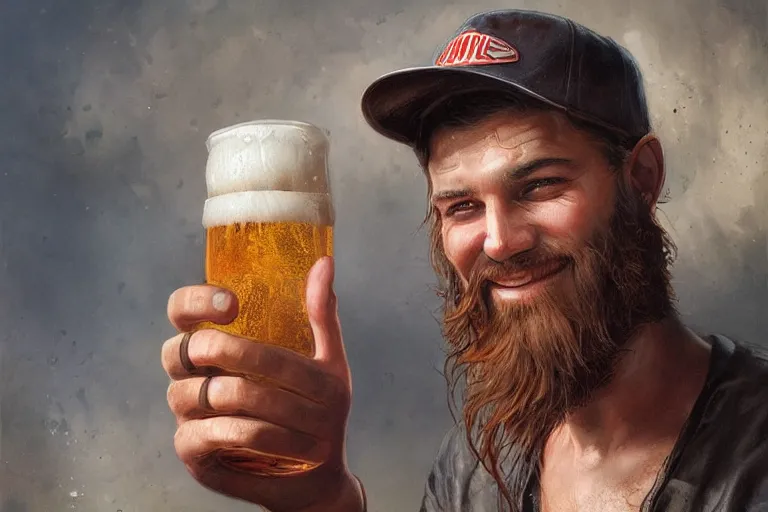 Image similar to a young man holding a beer giving a thumbs up with a long beard, airbrush painted, 80s poster, detailed, uncropped, painted by Bastien Lecouffe-Deharme