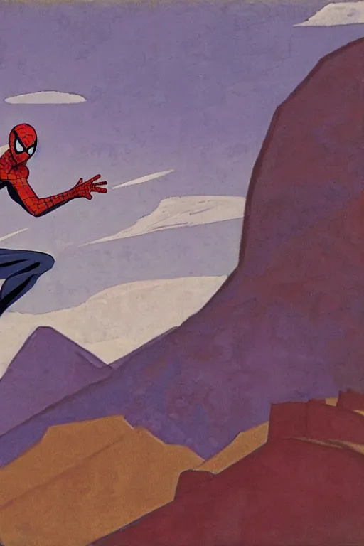 Image similar to spiderman stay on mountain, marvel, artwork by nicholas roerich,