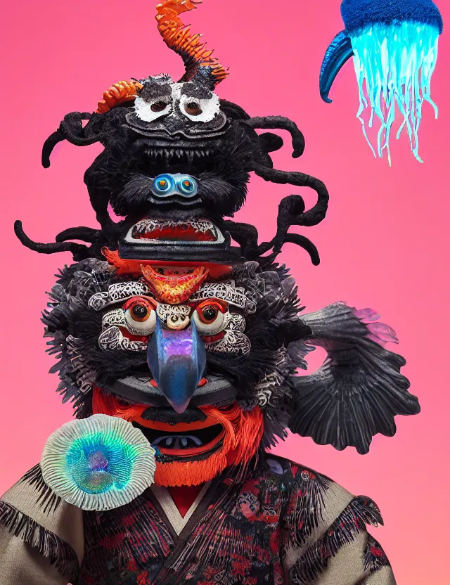 Prompt: 3 d muppet portrait with ram skull. beautiful intricately detailed japanese crow kitsune mask and clasical japanese kimono. betta fish, jellyfish phoenix, bio luminescent, plasma, ice, water, wind, creature, artwork by tooth wu and wlop and beeple and greg rutkowski