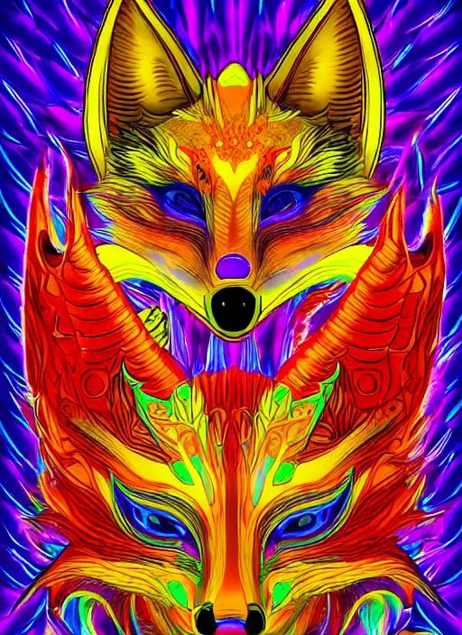 Prompt: detailed illustration of a kitsune mask, sacred feeling, bright colors, extremely detailed, digital art, studio lighting, psychedelic atmosphere