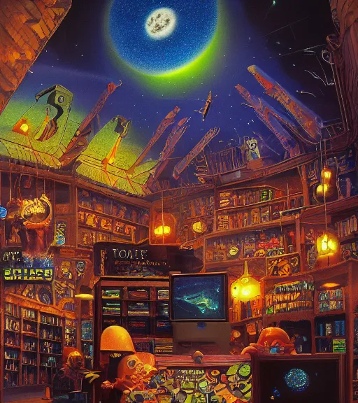 Prompt: cozy seattle barnes and noble kids section. vantablack cloth technology, vintage shapes, retro technology, happy colors dariusz zawadzki, tim hildebrandt, wayne barlow, bruce pennington, larry elmore, oil on canvas, deep depth field, masterpiece, cinematic composition. dramatic zoom, hyperdetailed, hd, hdr