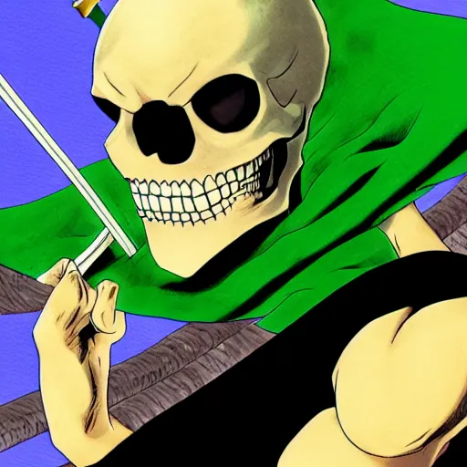 Prompt: portrait painting of skeletor as roronoa zoro, art by eiichiro oda, 4 k, one piece artstyle, cel shaded, highly detailed, epic lighting