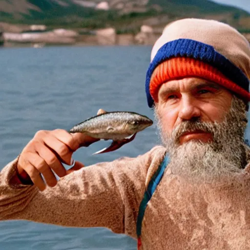 Prompt: photograph of steve zissou holding out a sardine for the loch ness monster - n 9