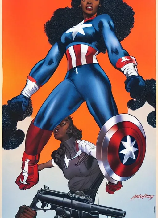 Image similar to beautiful black female captain america. afro - feminist captain america wins wwii. american wwii propaganda poster by james gurney, rob liefeld and pixar. gorgeous face. overwatch, realistic. black power