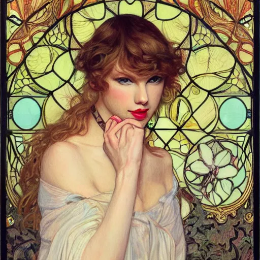 Prompt: romantic painted portrait of taylor swift by james jean, mucha