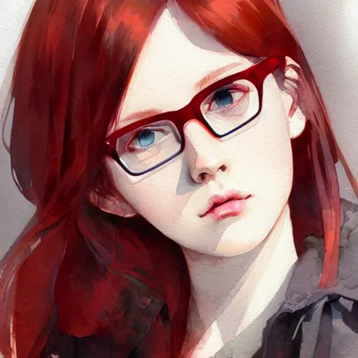 Prompt: red haired girl with glasses, artstation, watercolor, highly detailed, portrait, by krenz cushart