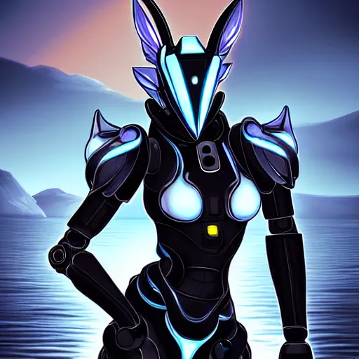 Image similar to bust shot of a cute stunning robot anthropomorphic female dragon, with sleek silver armor, a black OLED visor over the eyes, making a cute pose, on the beach at sunset, highly detailed digital art, furry art, anthro art, sci fi, warframe art, destiny art, high quality, 3D realistic, Furaffinity, Deviantart