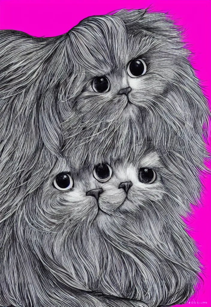 Prompt: longhair floof fluffy coiffed groom elegant gorgeously champion cute pretty scottish fold, radiant line art pen and ink and paint, grisaille dark monochrome with neon fluorescent color airbrush spraypaint accents, by jules julien, wes anderson, lisa frank