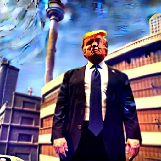 Image similar to donald trump in gta v, ps 5 screenshot, isometric view, third person gameplay, boss battle, 3 d render, cryengine, highly detailed