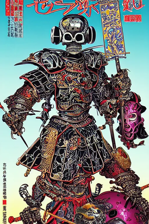 Image similar to magazine cover of crazy roborts skeletor warrior with the tang dynasty of china armor and helmet, by yoichi hatakenaka, masamune shirow, josan gonzales and dan mumford, ayami kojima, takato yamamoto, barclay shaw, karol bak, yukito kishiro