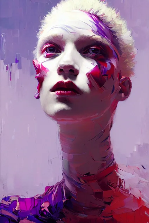 Image similar to portrait of a beautiful albino girl, shades of red and purple, beautiful face, rule of thirds, intricate outfit, spotlight, by greg rutkowski, by jeremy mann, by francoise nielly, by van gogh, digital painting