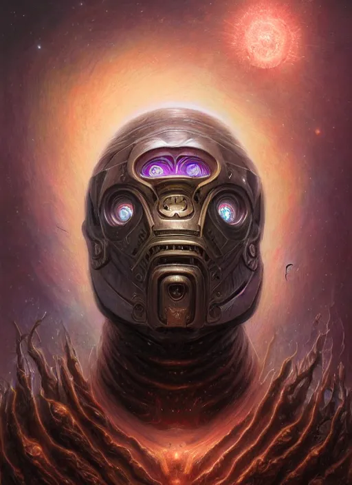 Image similar to dark horror cosmic crystal nebula mf doom glowing bright eyes, platinum skin, centered, digital painting, artstation, concept art, smooth, sharp focus, illustration, artgerm, tomasz alen kopera, peter mohrbacher, donato giancola, joseph christian leyendecker, wlop, frank frazetta