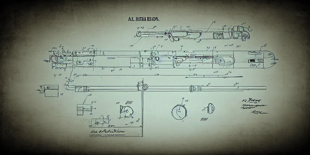 Image similar to portal gun patent blueprint, paper, engineered, 8 k, highly technical, production ready, from portal the game,