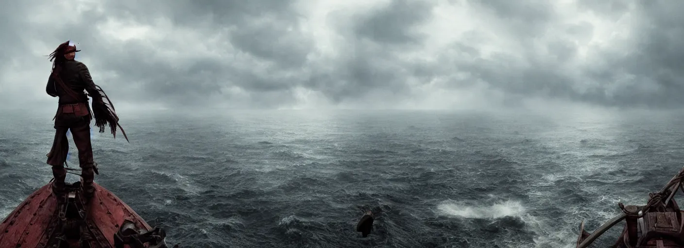 Image similar to a pirate standing on his ship watching big explosions on the wild sea, beautiful dramatic moody lighting, cinematic atmosphere, high detail, 8k, ornate, dark fantasy, masterpiece, complex, film still from the movie directed by Denis Villeneuve with art direction by Zdzislaw Beksiński, Dan Mumford, Patiphan Sottiwilaiphong, Yintion J - Jiang Geping