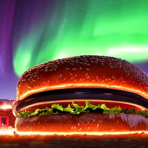 Image similar to the burger king logo formed through arctic northern lights, 8 k, hyperdetailed, award - winning