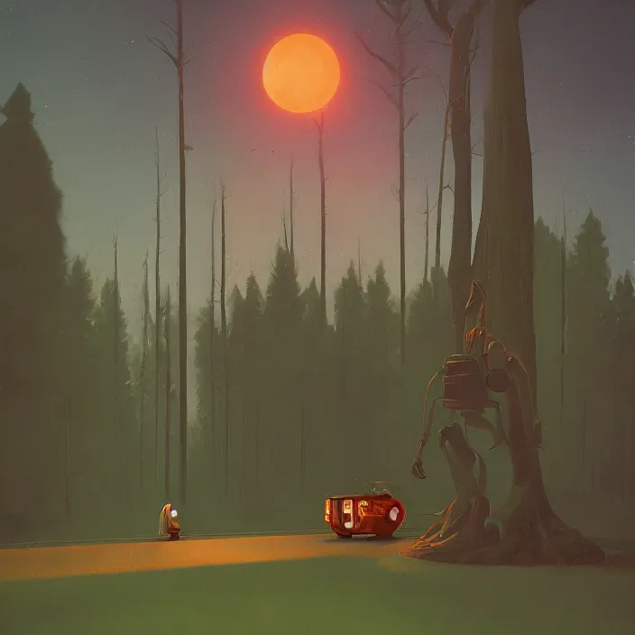 Prompt: fat alien on wheels rolling through the forest, highly detailed, Edward Hopper and James Gilleard, Simon Stalenhag