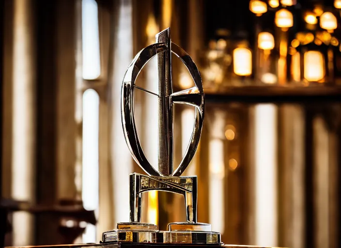 Prompt: a reflective geometric steel engineering trophy at a high end bar in a medieval themed castle in golden afternoon light, professional food photography