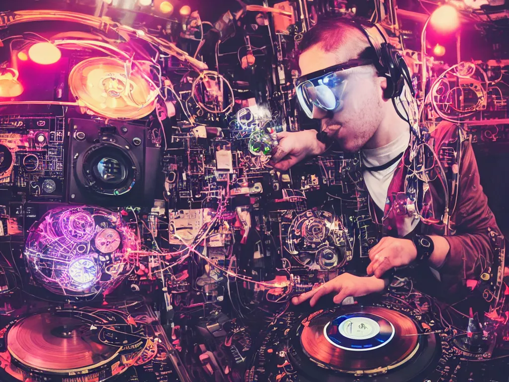 Image similar to a person wearing goggles and visor and headphones using a steampunk record player contraption, wires and tubes, turntablism dj scratching, intricate planetary gears, cinematic, imax, sharp focus, leds, bokeh, iridescent, black light, fog machine, hazy, lasers, hyper color digital art, cyberpunk