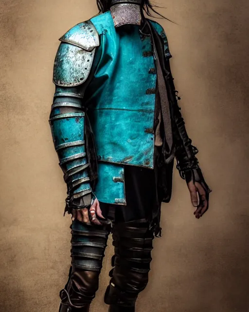Prompt: an award - winning photo of a ancient male model wearing a baggy teal distressed medieval menswear leather jacket slightly inspired by medieval armour designed by alexander mcqueen, 4 k, studio lighting, wide angle lens