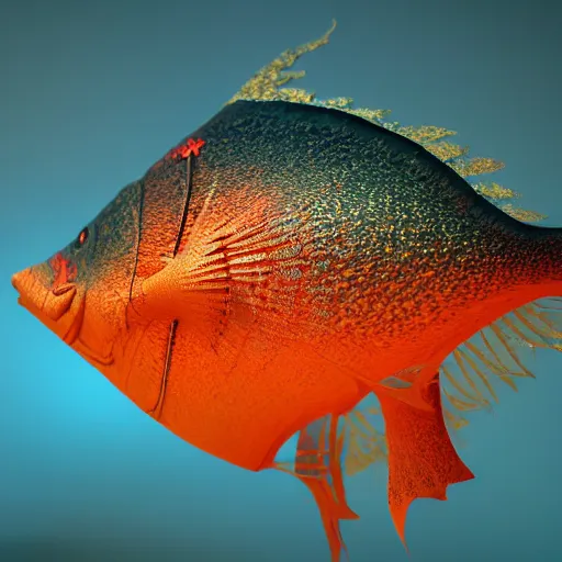 Image similar to a hyperrealistic 3 d octane render of a fish populated by mandelbrot fractals, unreal engine, dramatic lighting, volumetric lighting, backlit, vray lighting, ray tracing, ultra detailed, photorealism, neon, glowing