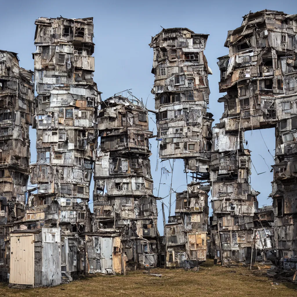 Prompt: a tower made up of makeshift squatter shacks of different sizes, dystopia, sony a 7 r 3, f 1 1, fully frontal view, photographed by jeanette hagglund, ultra detailed,