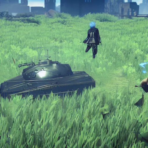 Image similar to a screenshot from nier : automata, with 9 s android fighting a t 3 4 tank in yellow rye field under pure blue skies