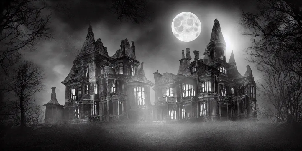 Image similar to inside a haunted mansion at night, moonlight shines through the windows, dramatic shadows, gothic