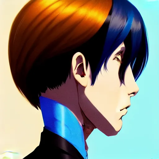 Prompt: side profile of ilya kuvshinov with sky blue hair, long hair, sharp face, gold hazel eyes, high collar, black jacket, professional digital painting, concept art, award - winning photography, cinematic, stained glass window, wlop, art by pixiv art, yoshitaka amano, junki ito