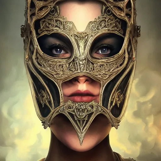 Image similar to Very very very very highly detailed epic photo of face with venetian mask, intricate, dystopian, sci-fi, extremely detailed, digital painting, artstation, concept art, smooth, sharp focus, illustration, intimidating lighting, incredible art by Artgerm