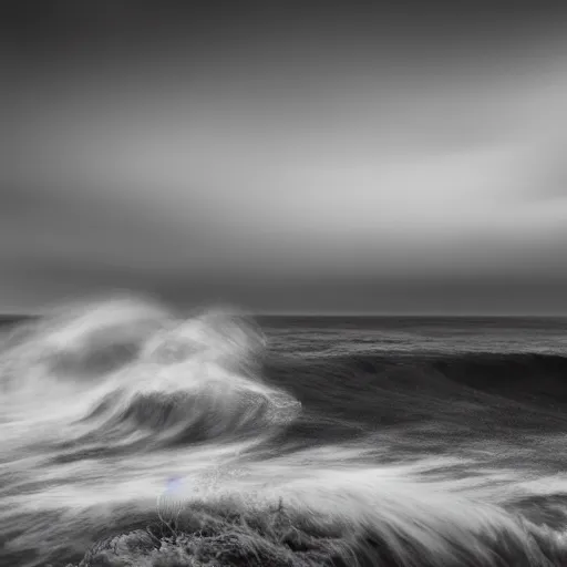 Prompt: long exposure shot of waves crashing against a cliff