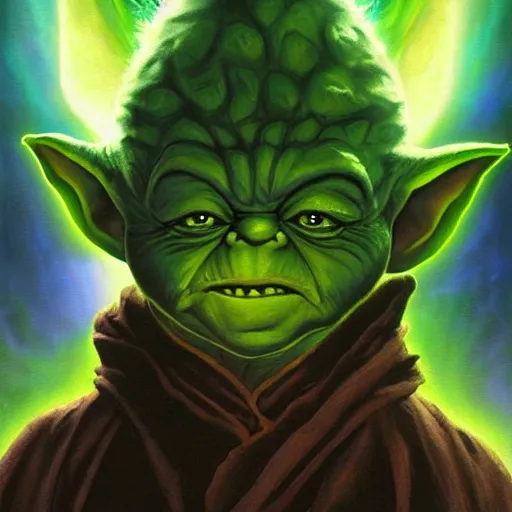 Prompt: portrait of angry evil yoda as a dark sith, overwhelming energy, detailed background by m. w. kaluta + bruce pennington, dark side, volumetric lighting, colorful vapor, deep dark color, floating molecules, digital painting, oil painting, artwork by ralph mcquarrie + cory loftis + andreas rocha + paul lehr + ian mcque + eddie mendoza