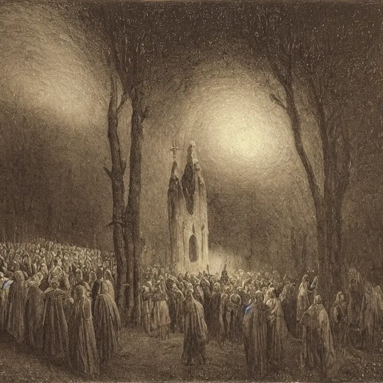 Prompt: A Holy Week procession of souls in a lush Spanish landscape at night. A figure at the front holds a cross. Carl Gustav Carus.