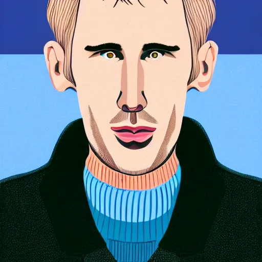 Image similar to A gangly british man, with short blond hair and stubble wearing a corduroy jacket and turtleneck , blue eyes, pale skin, English heritage, digital art, cartoon, mid-shot, 8k