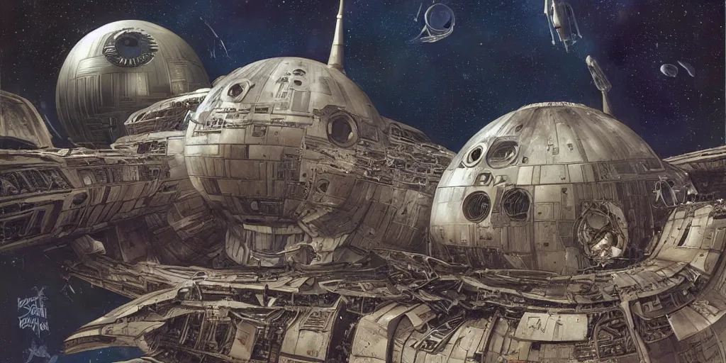 Image similar to a steampunk death star by doug chiang and ralph mcquarrie, a spaceship approaches the wreckage of a derelict in deep space,