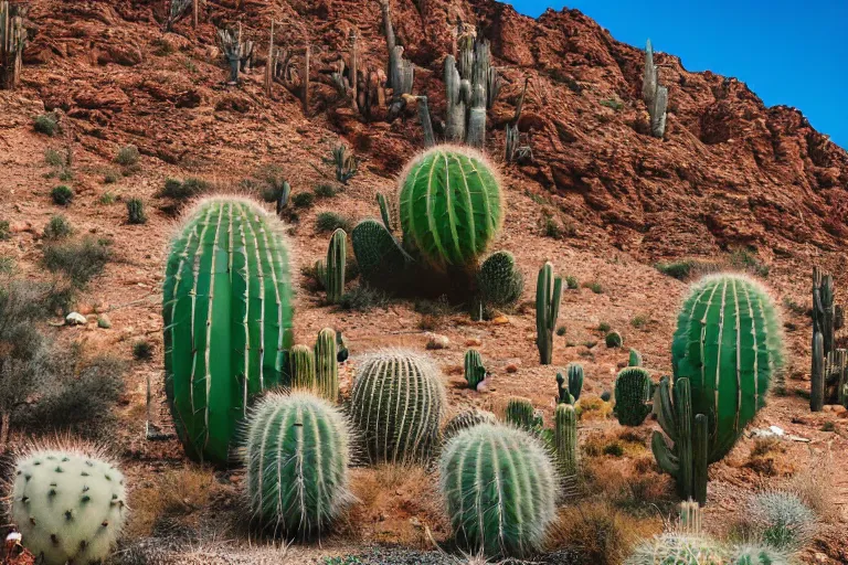 Prompt: photography of a building with alot of cactus in desert with a sign of warning, 4k, detailed