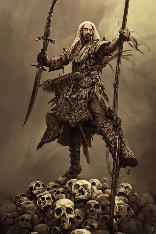 Image similar to a distant shot of a Ukrainian barechest cossack with a sword standing alone on a pile of skulls as a winner, masculine figure, D&D, fantasy, intricate, elegant, highly detailed, extremely detailed, digital painting, artstation, concept art, matte, sharp focus, symmetrical, illustration, art by Artgerm and Greg Rutkowski and Alphonse Mucha