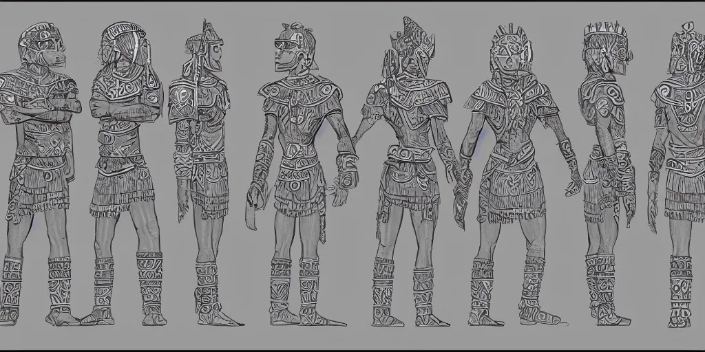 Image similar to highly detailed character sheet, technical drawing, side view, aztec game protagonist designs, side - scrolling 2 d platformer
