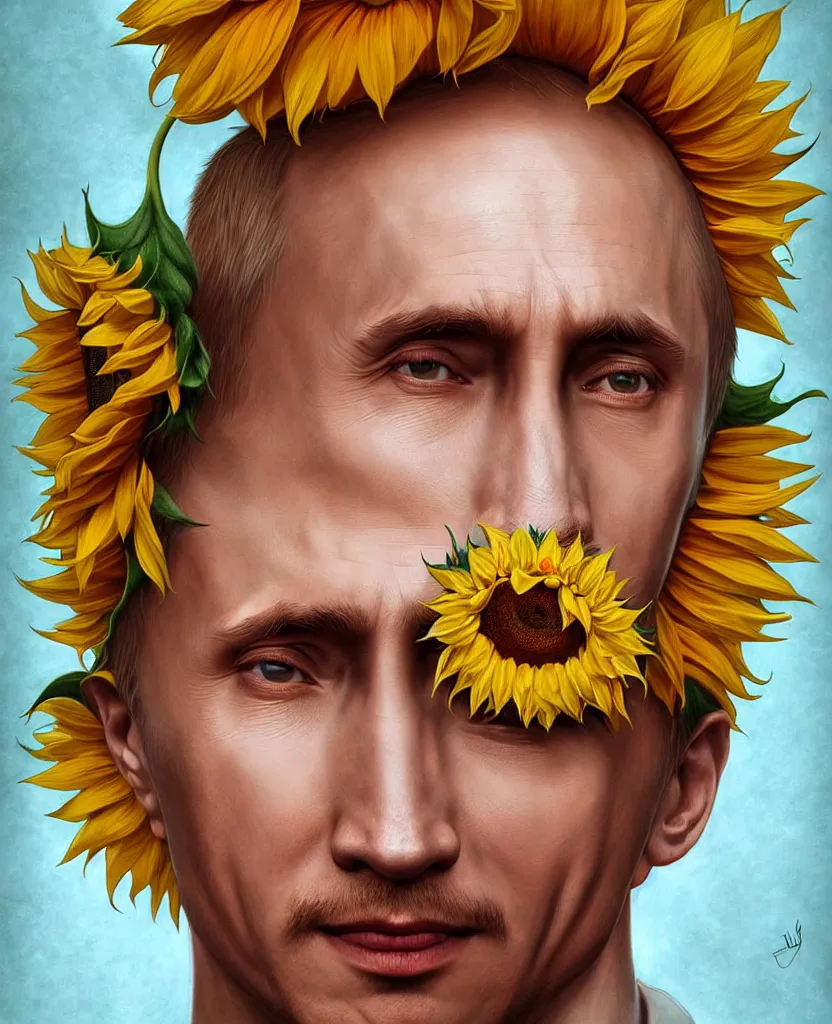 Image similar to digital art, centered full body of young any old Putin smiling king, Sunflower crown, ,intricate, veins, by James Jean and by artgerm , by ross tran ultradetailed, charachter design, concept art, trending on artstation,