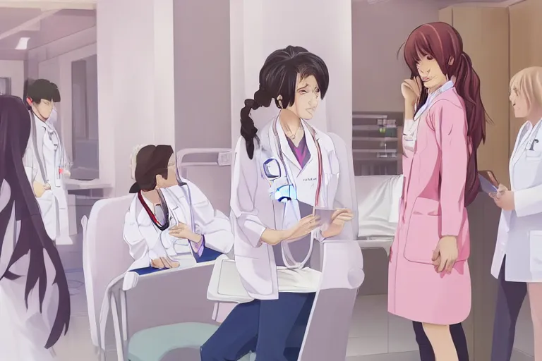 Prompt: a beautiful young female doctor wearing white coat are talking with a nurse wearing pink coat in a hospital ward, highly detailed, digital painting, slice of life anime, illustration, anime scenery by Makoto shinkai