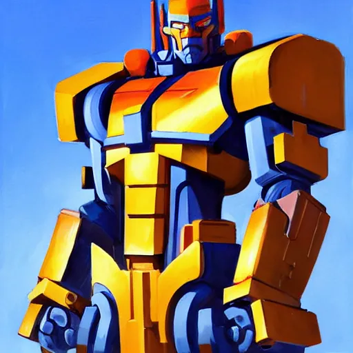 Image similar to greg manchess portrait painting of optimus prime as overwatch character, medium shot, asymmetrical, profile picture, organic painting, sunny day, matte painting, bold shapes, hard edges, street art, trending on artstation, by huang guangjian and gil elvgren and sachin teng