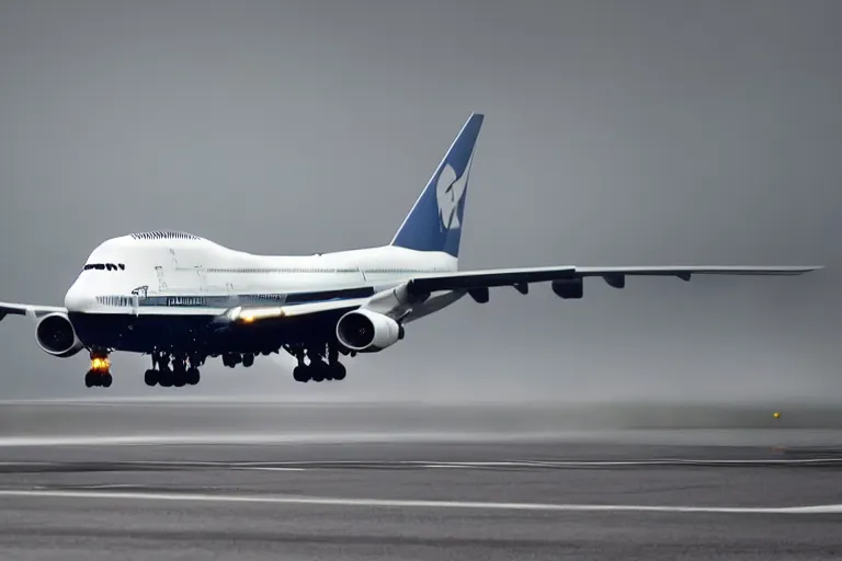 Image similar to detailed photo a boeing 7 4 7 landing at a 4 5 degree angle, on a runway in heavy rain and wind, photo from a spectator, 8 k, natural lighting