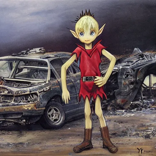 Image similar to a skinny elf with spiky blonde hair wearing dark brown overalls and holding dynamite standing next to a destroyed car, painting by Yoshitaka Amano