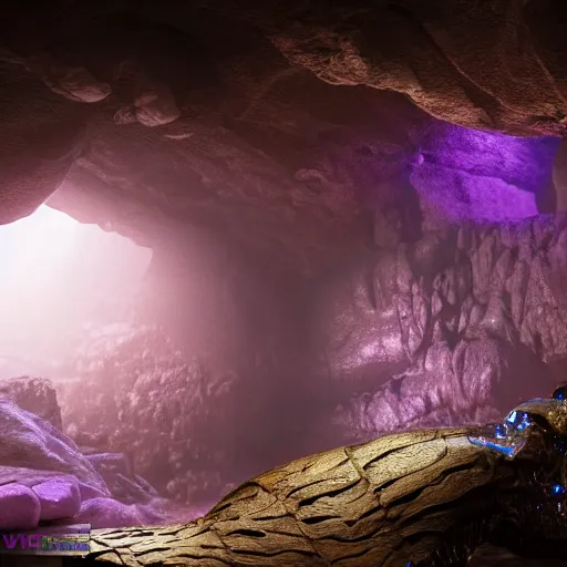 Prompt: full shot portrait of tiny dinosaur skeleton in a cave covered in shiny crystals, detailed, unreal engine 4k volumetric light, fog, purple color palette