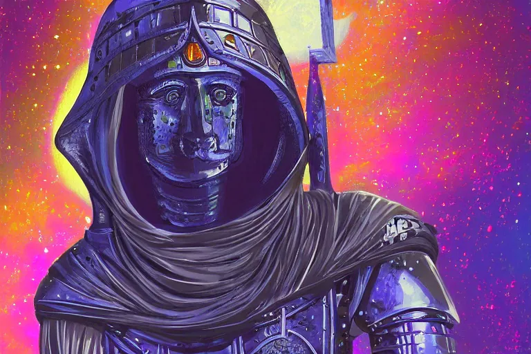 Image similar to digital art of a spiritual medieval knight looking up at the stars, acrylic art, universe, painting, pastel colors, synthwave, retro, cyberpunk,