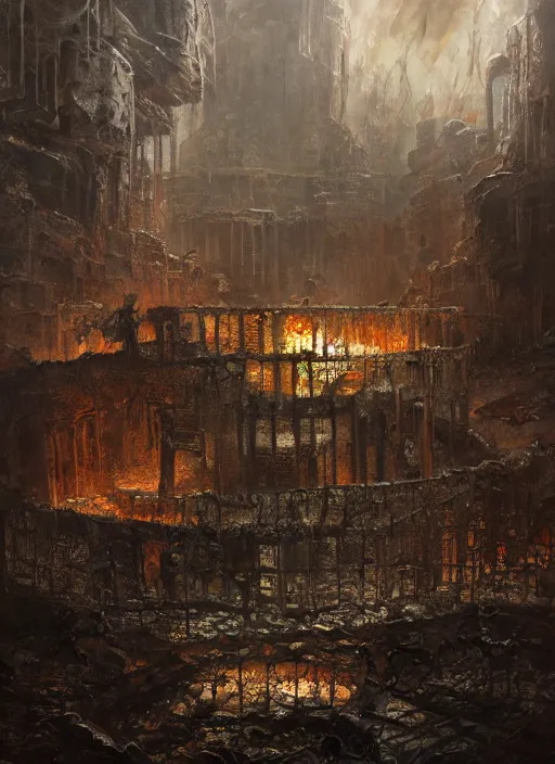 Image similar to ruins in hell, oil painting by tomasz jedruszek, cinematic lighting, pen and ink, intricate line, hd, 4 k, million of likes, trending on artstation