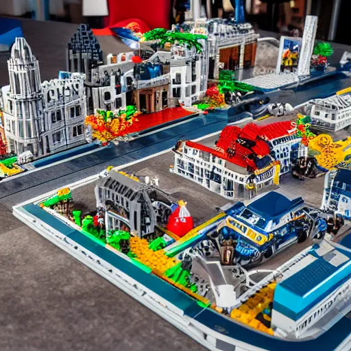 Image similar to detailed lego build of dublin city on garage table, professional photo, professional lighting, HDR