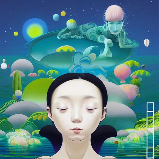Prompt: Chiho Aoshima, minimalistic, hyperrealistic surrealism, award winning masterpiece with incredible details, epic stunning, infinity pool, a surreal vaporwave liminal space, highly detailed, trending on ArtStation, artgerm and greg rutkowski and alphonse mucha, daily deviation, IAMAG, broken giant marble head statue ruins, nightscape, milkyway