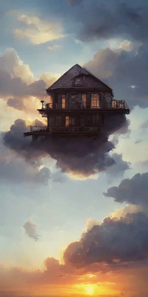 Image similar to a house in the sky clouds, sunset, greg rutkowski, zabrocki, karlkka, jayison devadas, trending on artstation, 8 k, ultra wide angle, zenith view, pincushion lens effect