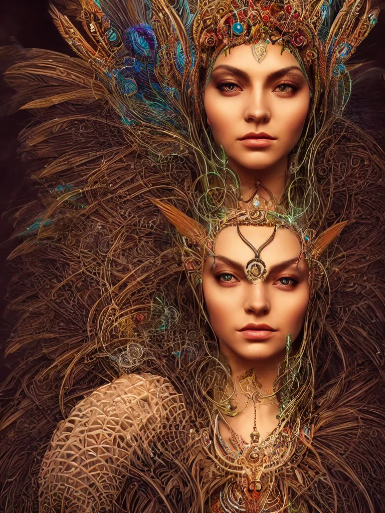 Prompt: a centered render of an alluring mystical tribal goddess adorned with feathers and gemstones and cables and synthesizer parts is surrounded by sacred geometry made from elven architecture, full body, gorgeous face, perfect face, powerful, cinematic, beautifully lit, by artgerm, by karol bak, 3 d, trending on artstation, octane render, 8 k