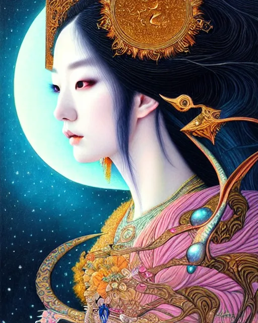 Image similar to portrait of a beautiful moon goddess, unusual beauty, esoteric, other worldly colors, head in focus, fantasy art, ornamental aesthetics, intricate, elegant, highly detailed hyperrealistic painting, artstation, concept art, painterly, sharp focus, illustration, art by chie yoshii